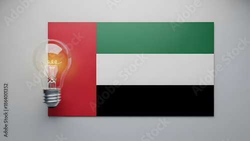 United Arab Emirates Flag with Glowing Light Bulb Symbolizing National Innovation, Economic Development, and Future Progress, Business, Technology, Economy, Growth
