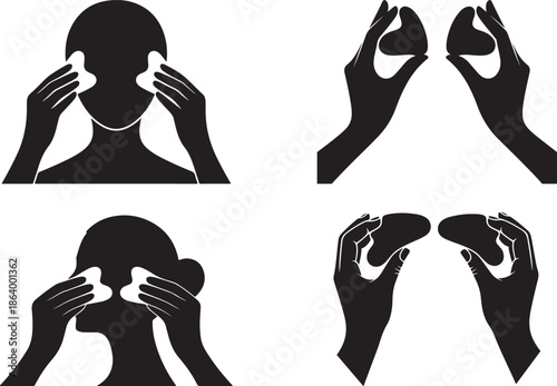 A vector silhouette of two hands using two Gua Sha stones simultaneously on both cheeks, creating a perfectly symmetrical shape