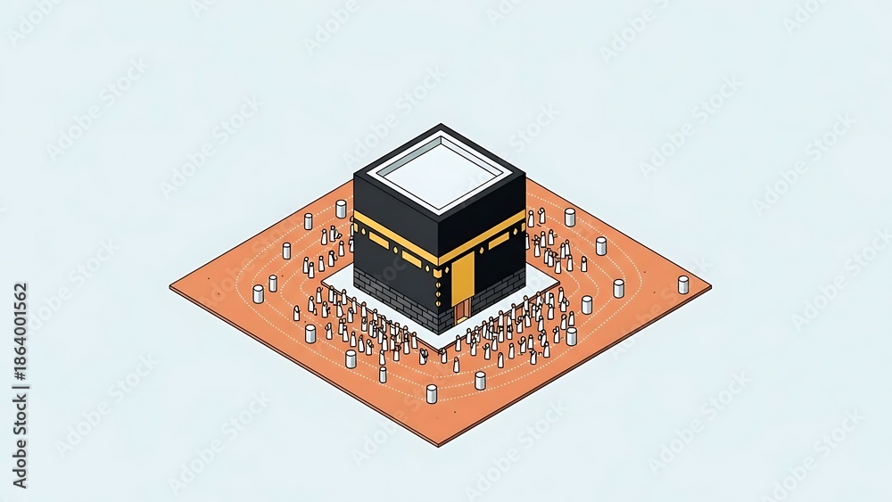 Obraz premium Isometric Holy Kaaba in Mecca with Pilgrims Vector Illustration