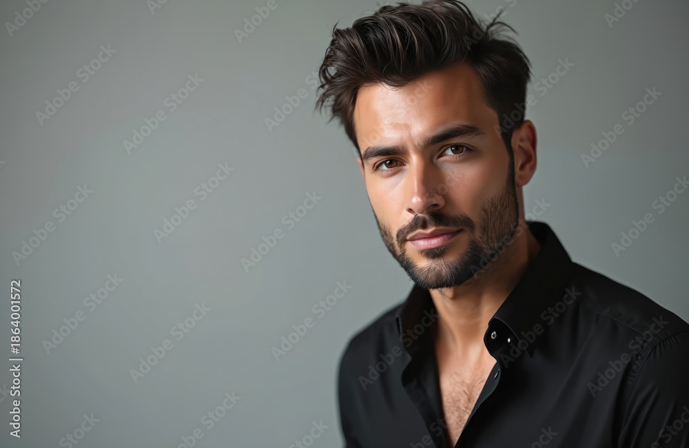Obraz premium Young attractive man with beard and stylish hair wears black shirt posing in studio. He has confident expression, looking directly at camera with warm brown eyes, ready for business.