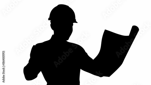 Construction worker in silhouette reviewing building plans