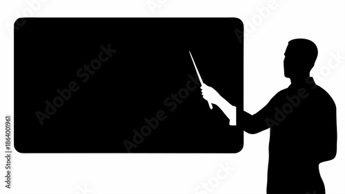 Businessman presenting on blank whiteboard with pointer in hand confidently