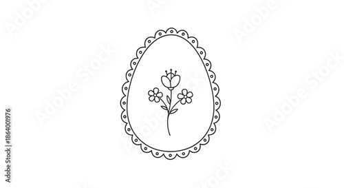 Minimalist line art Easter egg with a simple flower inside and a decorative scalloped border, perfect for an elegant holiday design.