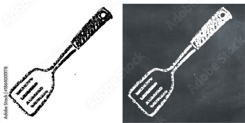 Chalk handdrawn spatula vector for kitchen menus. Ideal for cooking classes, bakery logos, utensil icons, and rustic blackboard restaurant art.