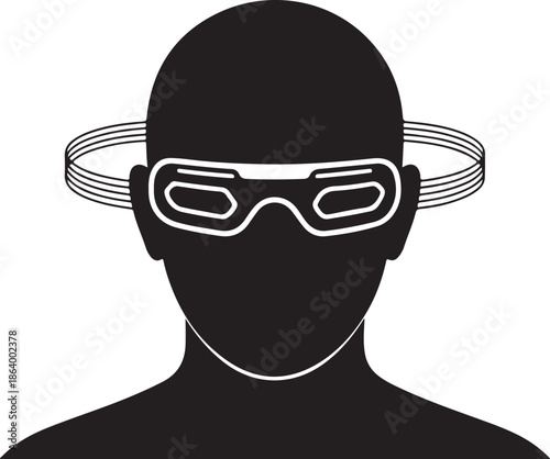 Digital eye mask vector silhouette, flat black eyes wearing a specific LED device in goggles style illustration
