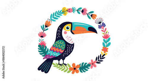 Colorful cartoon toucan character sitting inside a beautiful tropical floral wreath, perfect for a summer or jungle-themed design.
