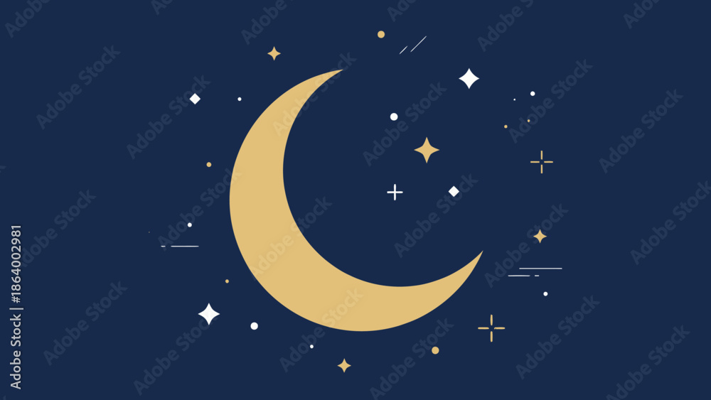 Naklejka premium Golden crescent moon and stars on a dark blue background, symbolizing Ramadan and Islamic holidays, minimalist night sky illustration, festive celestial elements for cultural celebrations