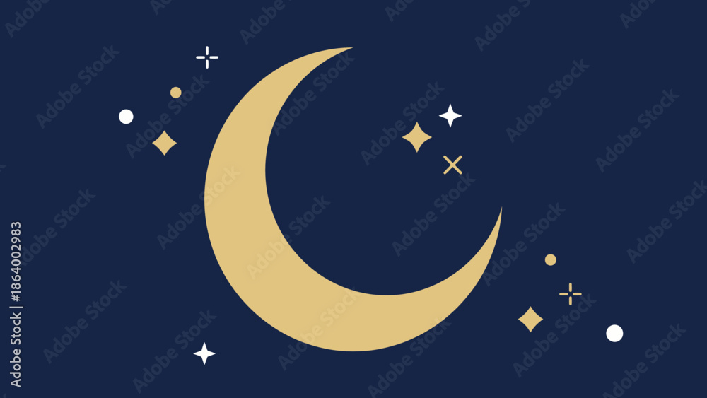 Naklejka premium Golden crescent moon and stars on a dark blue background, a beautiful night sky illustration, celestial elements for Ramadan and Eid festivities