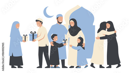 Eid celebration with families exchanging gifts and hugging, symbolizing unity and joy, Generational togetherness during Ramadan with a crescent moon and mosque silhouette
