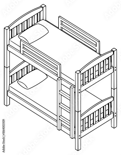 a black and white drawing of a bunk bed, bed, black, bunk bed, drawing, wooden, against transparent background