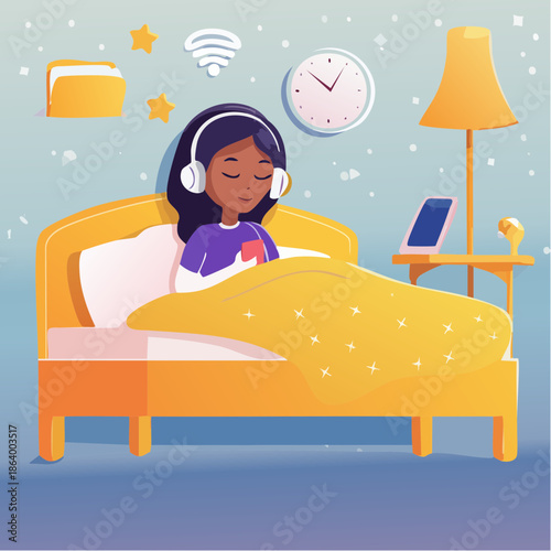 Sommeil Apaisé avec Casque Audio : Illustration Moderne du Bien-Être Nocturne, jeune fille