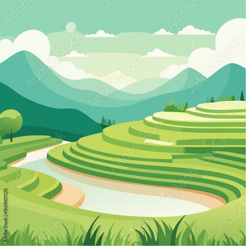 Rizières en Terrasse au Cœur des Montagnes : Paysage Rural Illustré Asie