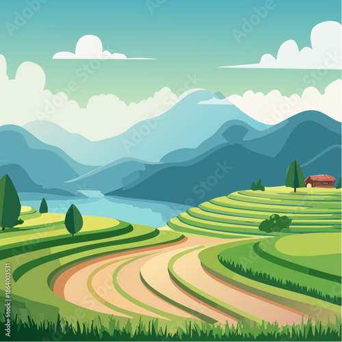 Rizières en Terrasse au Cœur des Montagnes : Paysage Rural Illustré