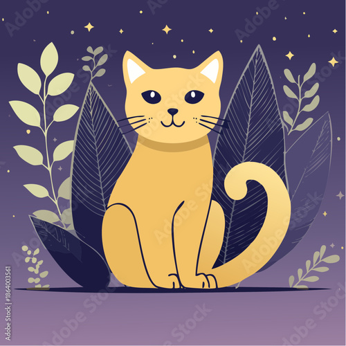 Chat Jaune décor floral, nocturne,  Illustration Minimaliste et Poétique