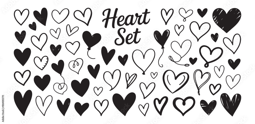 Fototapeta premium Hand drawn heart set collection of black sketch icons and doodle romantic symbols for valentine day design elements