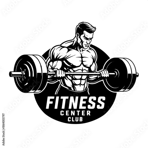 “Stylized monochrome illustration of a powerful male athlete lifting weights, masculine physique, semi-profile pose, dramatic lighting, clean vector style, gym logo design, ‘FITNESS CENTER CLUB’ text 