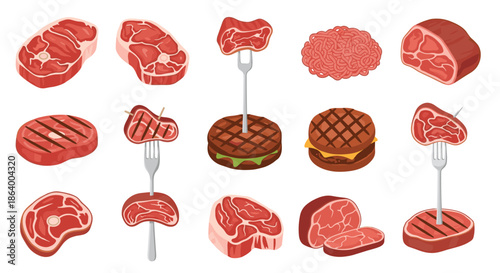 Variety of raw beef cuts, grilled steaks, and hamburger patties with lettuce and cheese illustrating different meat preparations.