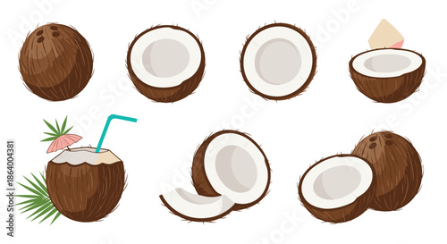 Multiple views of a coconut fruit shown whole, in halves, in slices, and as a refreshing tropical drink with a straw and umbrella.