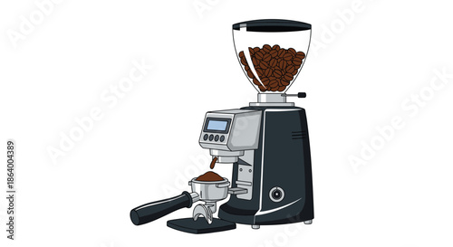 Modern professional electric burr coffee grinder with fresh coffee beans in the hopper and ground coffee falling into a portafilter.