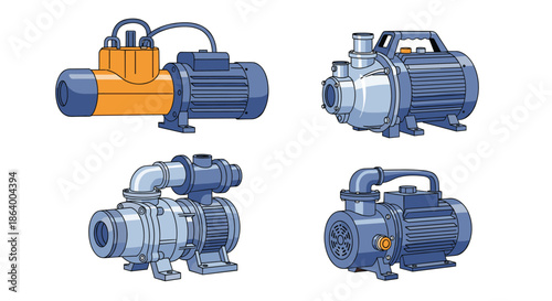 Technical illustration of four different industrial electric water pumps used for agricultural, residential, or commercial plumbing.