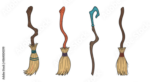 Group of four unique magical brooms and a wizard staff with curved wooden handles and straw bristles for fantasy and Halloween themes.