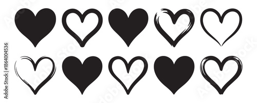 various black hand drawn heart icons vector illustration simple and sketchy love romance symbols collection