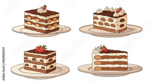 Tiramisu cake slices served on plates with fresh strawberries and whipped cream toppings provide a delicious dessert illustration.