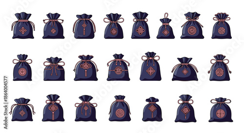 Traditional Korean lucky bags known as Bokjumeoni are presented in a neat grid with intricate embroidered patterns and colors.