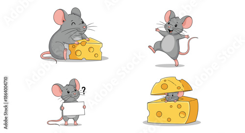 Cute gray mice illustrations show various characters interacting with pieces of yellow cheese in a playful cartoon style.