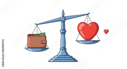 Scales of justice balancing a brown wallet with cash and a red heart symbolises the relationship between love and money.