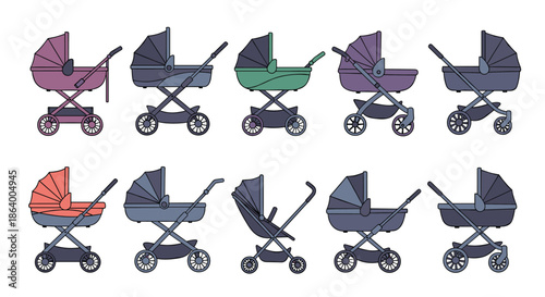 Selection of various baby stroller and pram designs in different colors and configurations for infant transport and parenting.