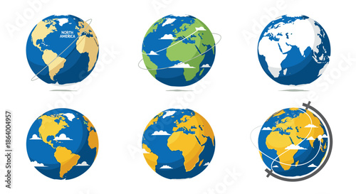 Diverse set of Earth globe illustrations show different continents, cloud patterns, and orbital lines for geography and science.