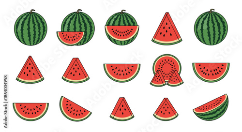 Assortment of whole watermelons and various sliced pieces show the refreshing red fruit in multiple ways for summer food themes.