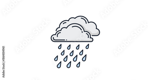 Weather icon featuring two grey clouds with blue raindrops falling down against a white background in a simple flat design style.