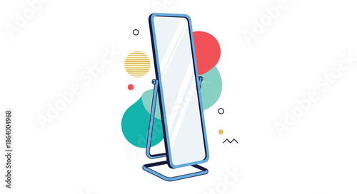 Modern full length floor mirror standing vertically with abstract geometric shapes in red, teal, and yellow behind the frame.