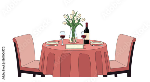 Elegant dinner table setup for two with red tablecloth, wine glasses, bottle of red wine, and a vase of white tulips.