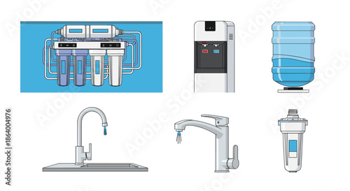 Collection of water purification systems including filters, dispensers, and faucets for clean and healthy drinking water supply.