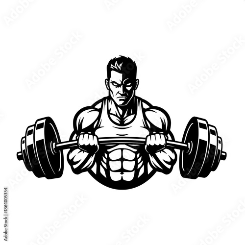 “Modern black and white gym logo with a muscular man lifting a barbell, intense facial expression, shadowed features, bold outlines, minimalistic design, strong masculine aesthetic, white background.”