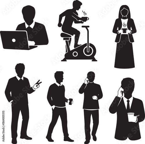 Black silhouettes of people in various work and leisure activities woman laptop