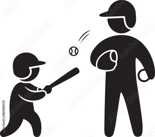 Child swinging baseball bat at ball thrown by coach player game