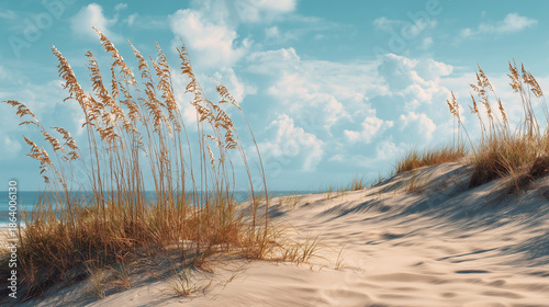 View of large sand dunes with sea oats for background