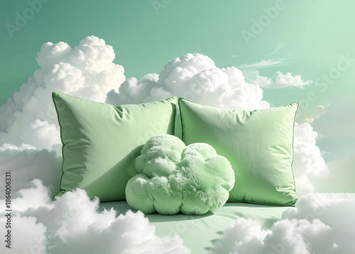 Soft, fluffy pastel green pillows against the cloudy sky, creative concept, perfect rest and relaxation.
