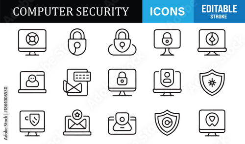 Cybersecurity and data privacy line icons collection