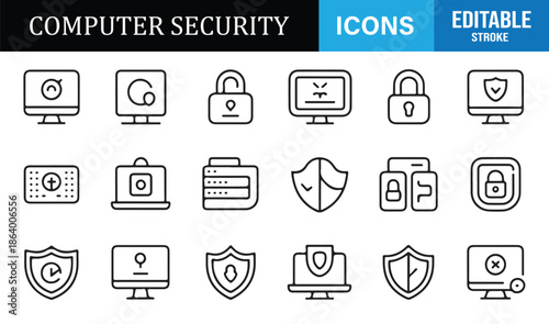 Computer security outline icons set for cybersecurity protection