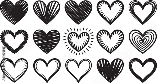 heart doodles in black ink isolated on transparent background, featuring sketch styles and scribbles suitable for Valentine day romance icons and wedding design elements