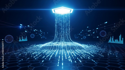 Glowing blue data visualization with hexagonal light source