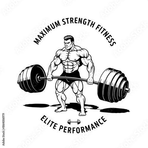 “Graphic black-and-white illustration of a bodybuilder lifting a curved barbell, clean vector art, sharp shadows, bold musculature, professional fitness branding, sans-serif typography, centered logo 