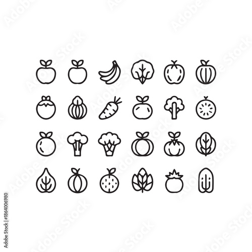 Minimalist Fruit and Vegetable Line Icon Set – Healthy Food Vector Graphics for Web and App Design