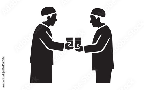Muslim Men Sharing Gift Silhouette Vector Illustration – Hospitality and Brotherhood Concept