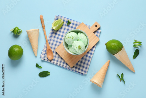 Bowl with lime ice cream, p...